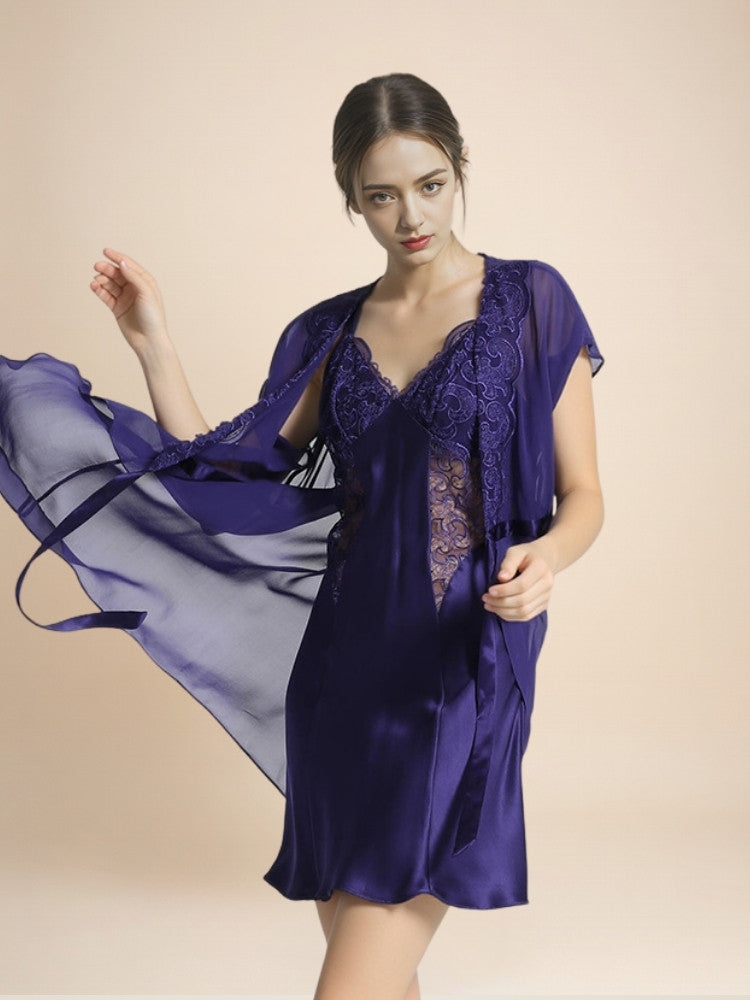 Lysavine - Lace V-Neck Silk Robe Set | The Silk Avenue