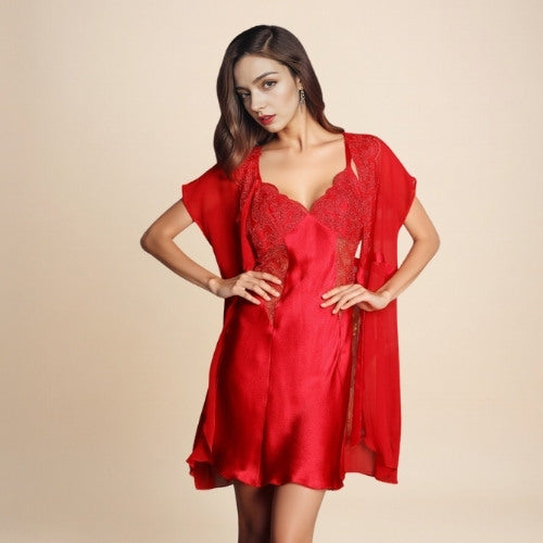 Lysavine - Lace V-Neck Silk Robe Set | The Silk Avenue
