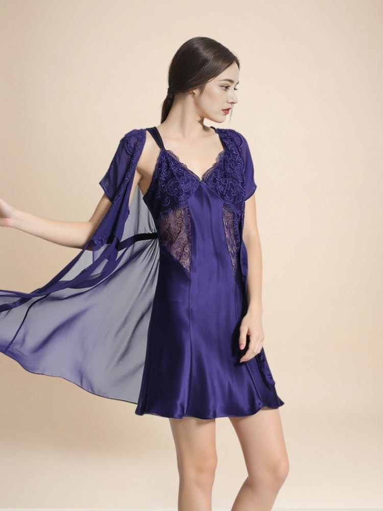 Lysavine - Lace V-Neck Silk Robe Set | The Silk Avenue