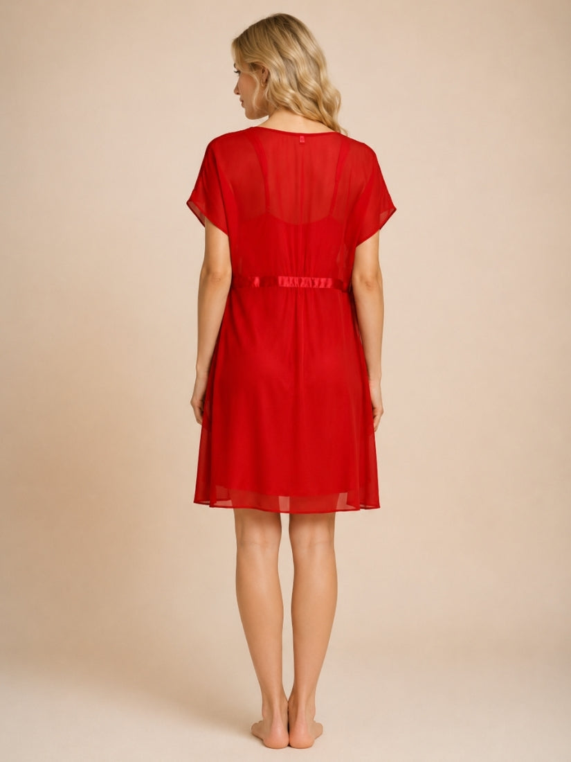 Lysavine - Red Lace V-Neck Silk Robe Set | The Silk Avenue