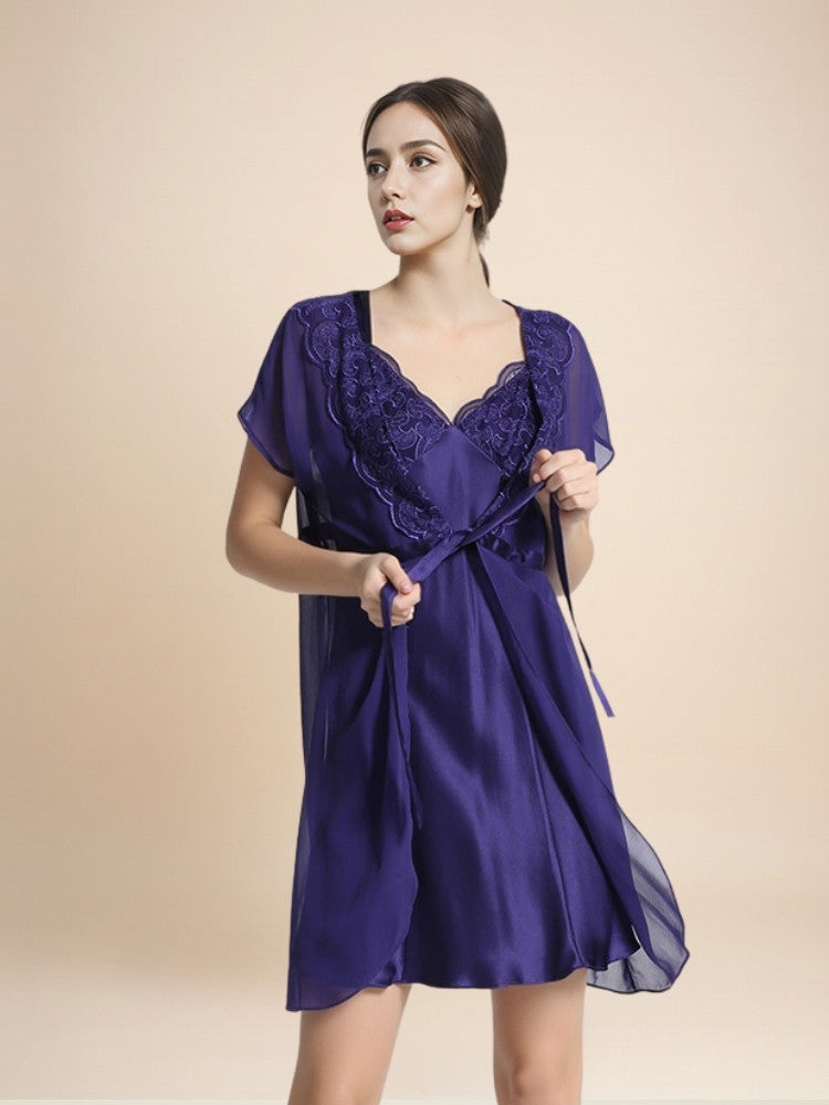 Lysavine - Lace V-Neck Silk Robe Set | The Silk Avenue