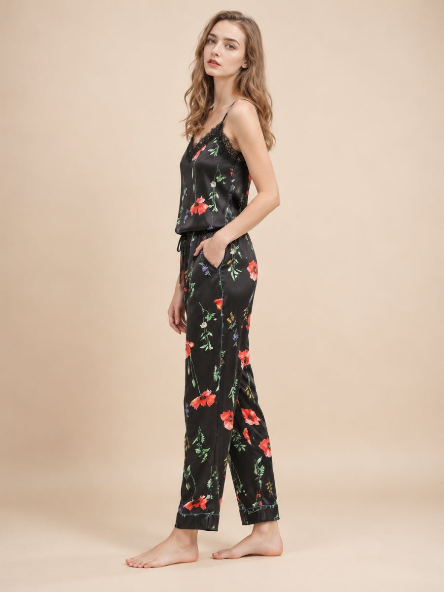 Maesel - Black Floral Silk Camisole Pajama Set | The Silk Avenue