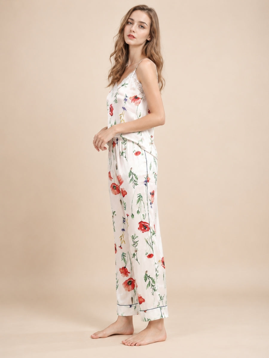 Maesel - White Floral Silk Camisole Pajama Set | The Silk Avenue