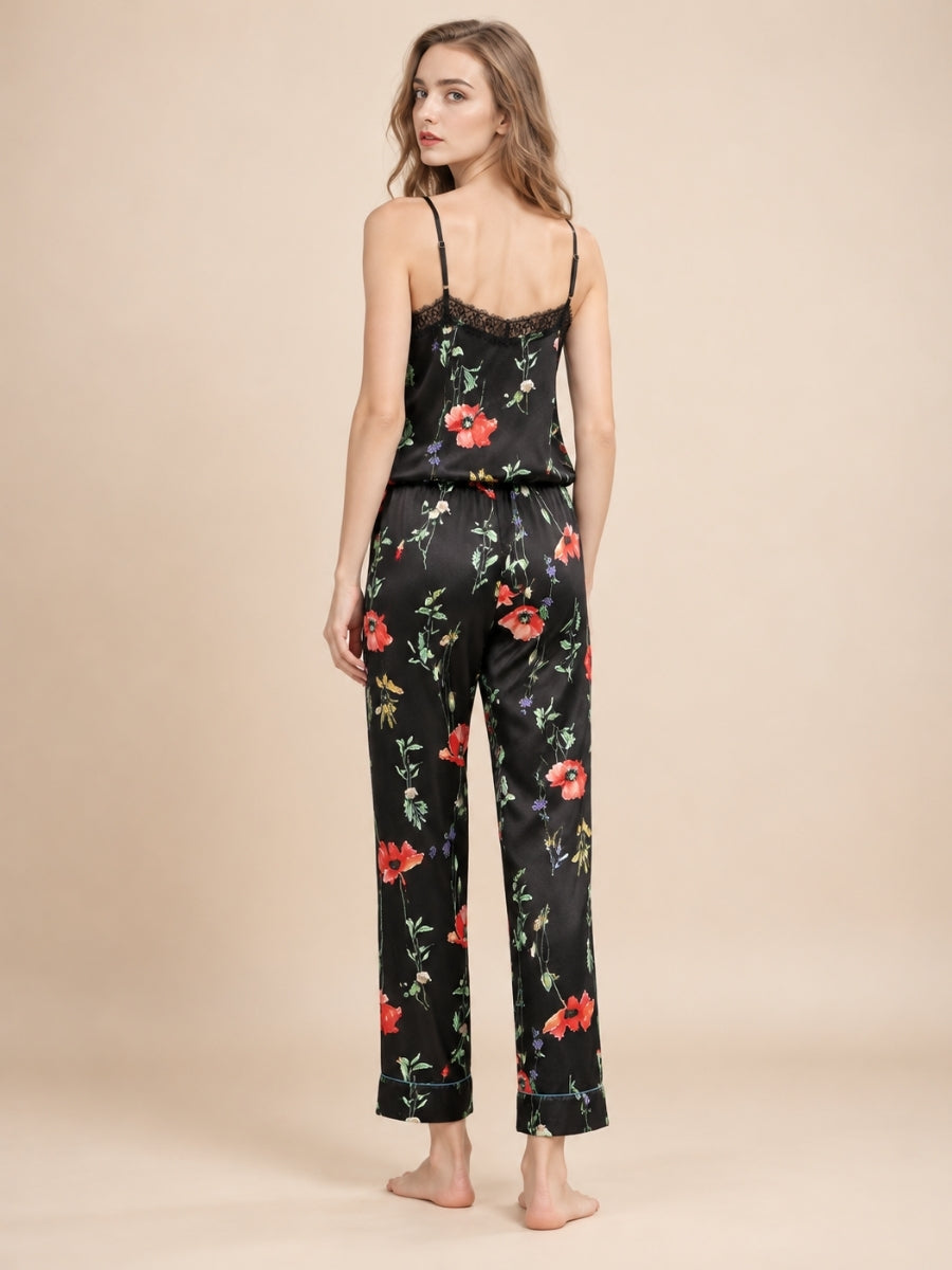 Maesel - Black Floral Silk Camisole Pajama Set | The Silk Avenue
