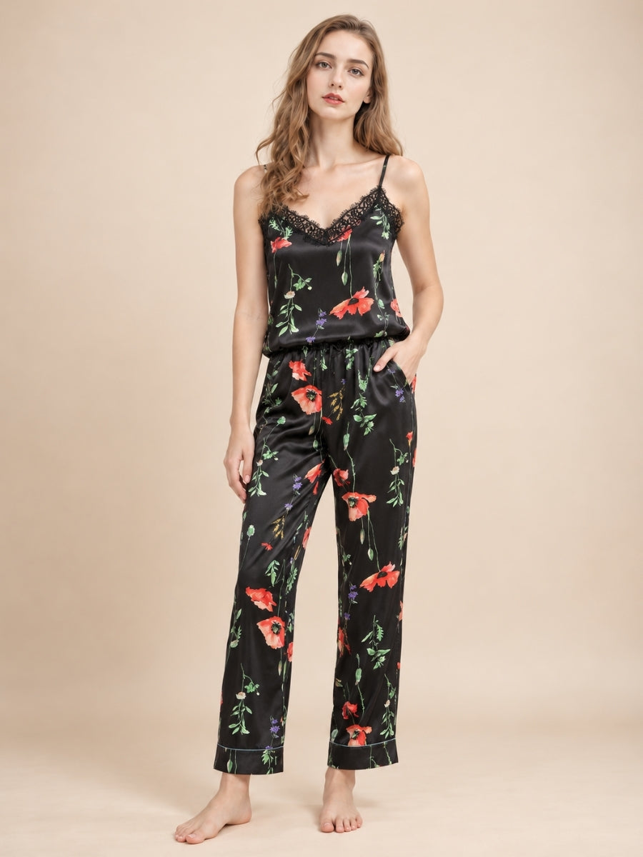 Maesel - Black Floral Silk Camisole Pajama Set | The Silk Avenue