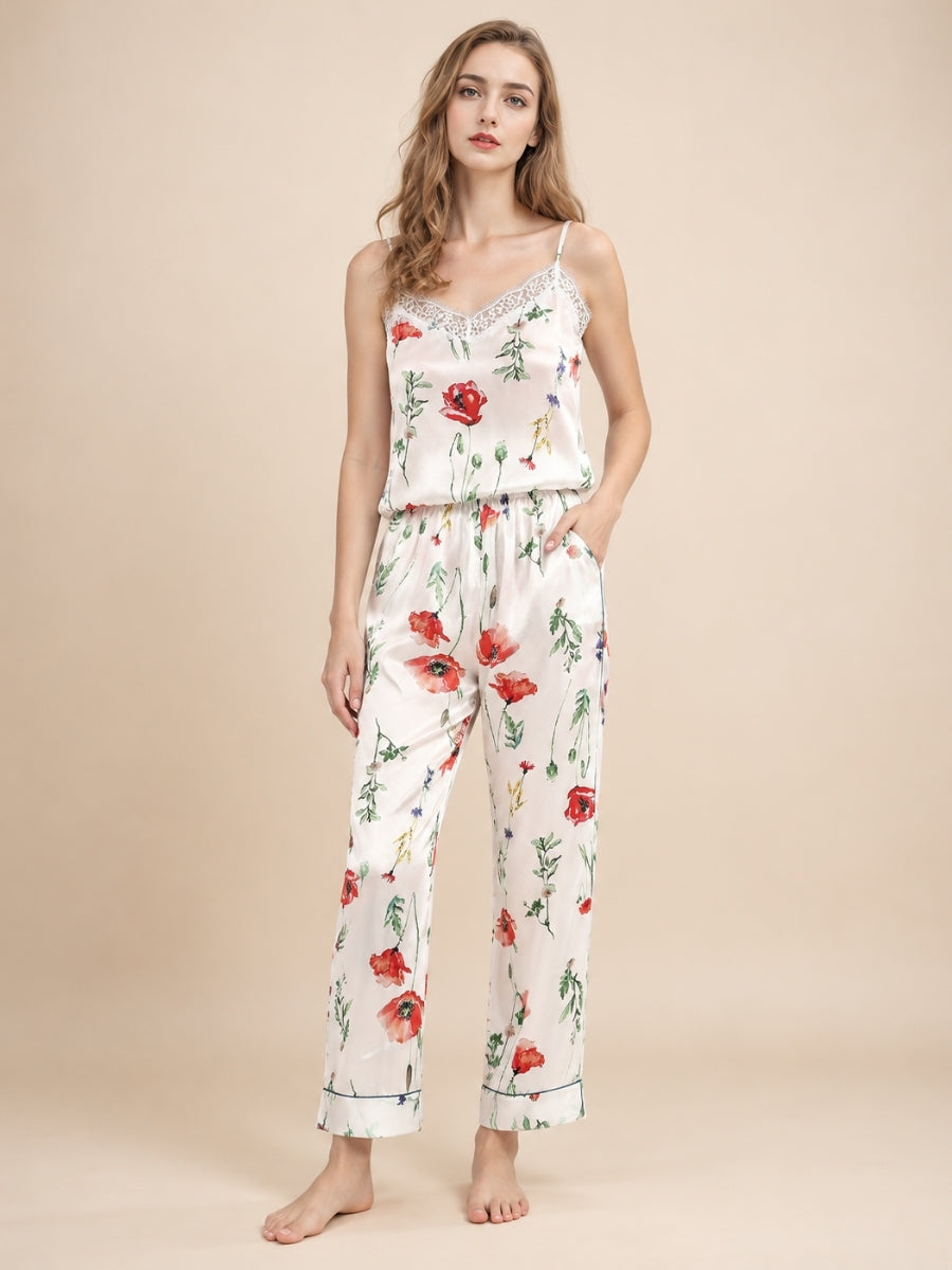 Maesel - White Floral Silk Camisole Pajama Set | The Silk Avenue