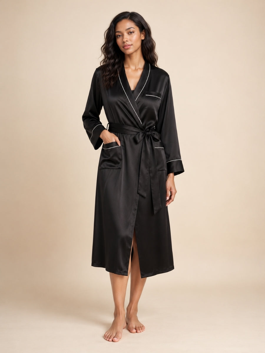 Malenya - Black Long Shawl Collar Silk Robe | The Silk Avenue