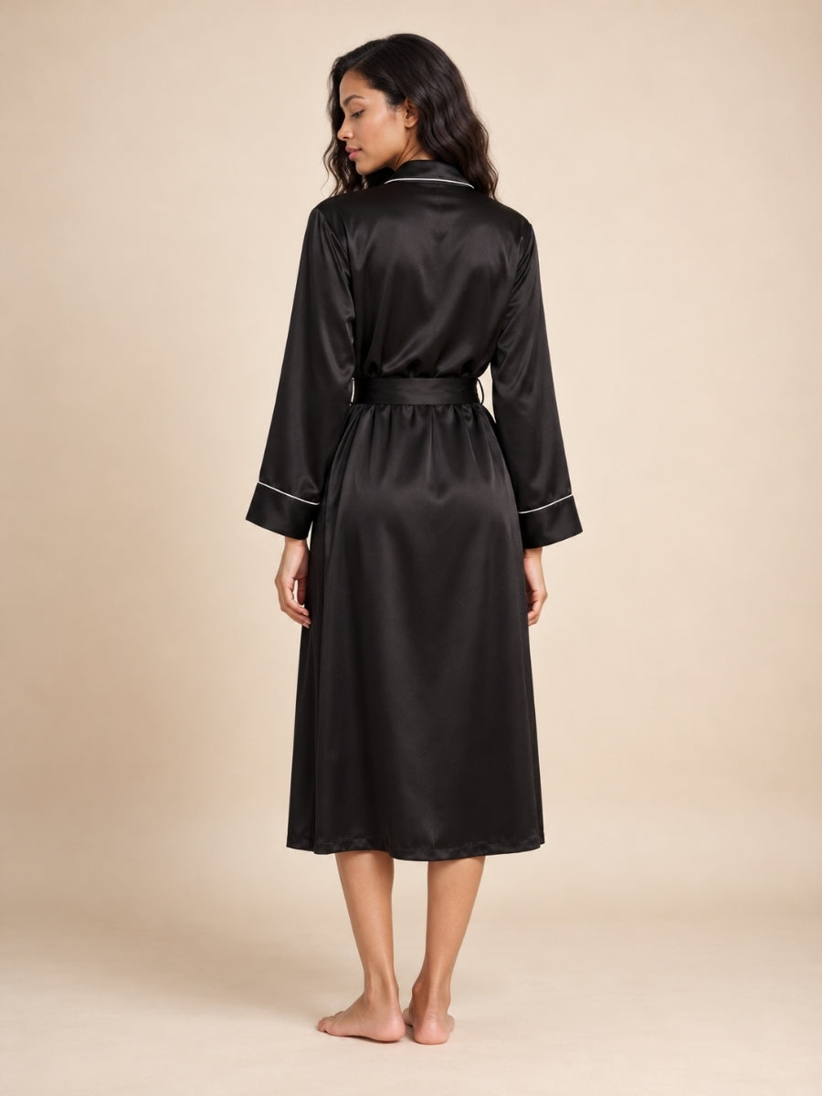 Malenya - Black Long Shawl Collar Silk Robe | The Silk Avenue