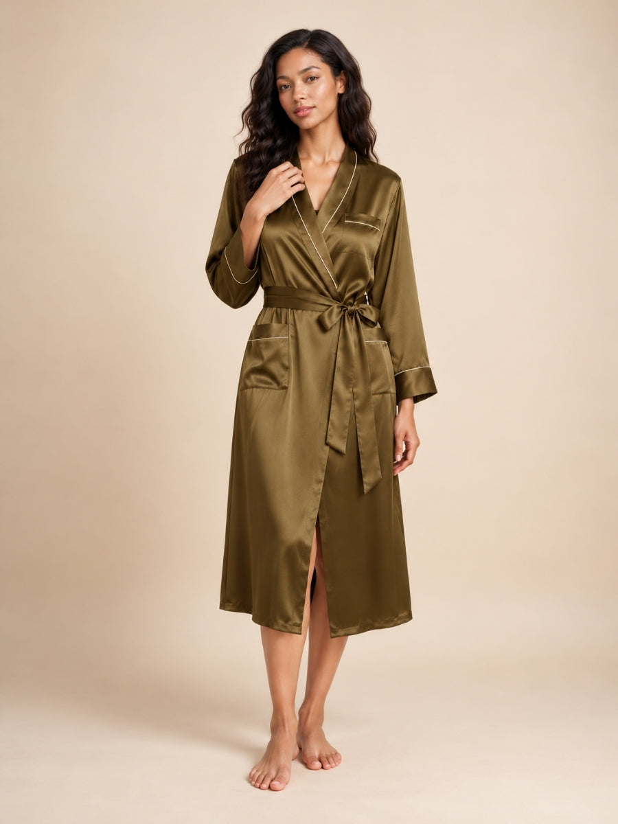 Malenya - Olive Green Long Shawl Collar Silk Robe | The Silk Avenue