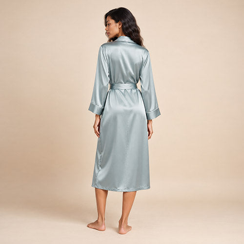 Malenya - Light Blue Long Shawl Collar Silk Robe | The Silk Avenue