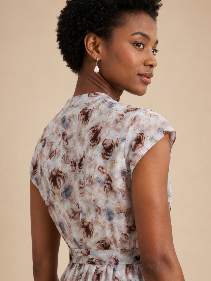 Marina - Rose Print Cap-Sleeve Silk Dress Floral Print | The Silk Avenue
