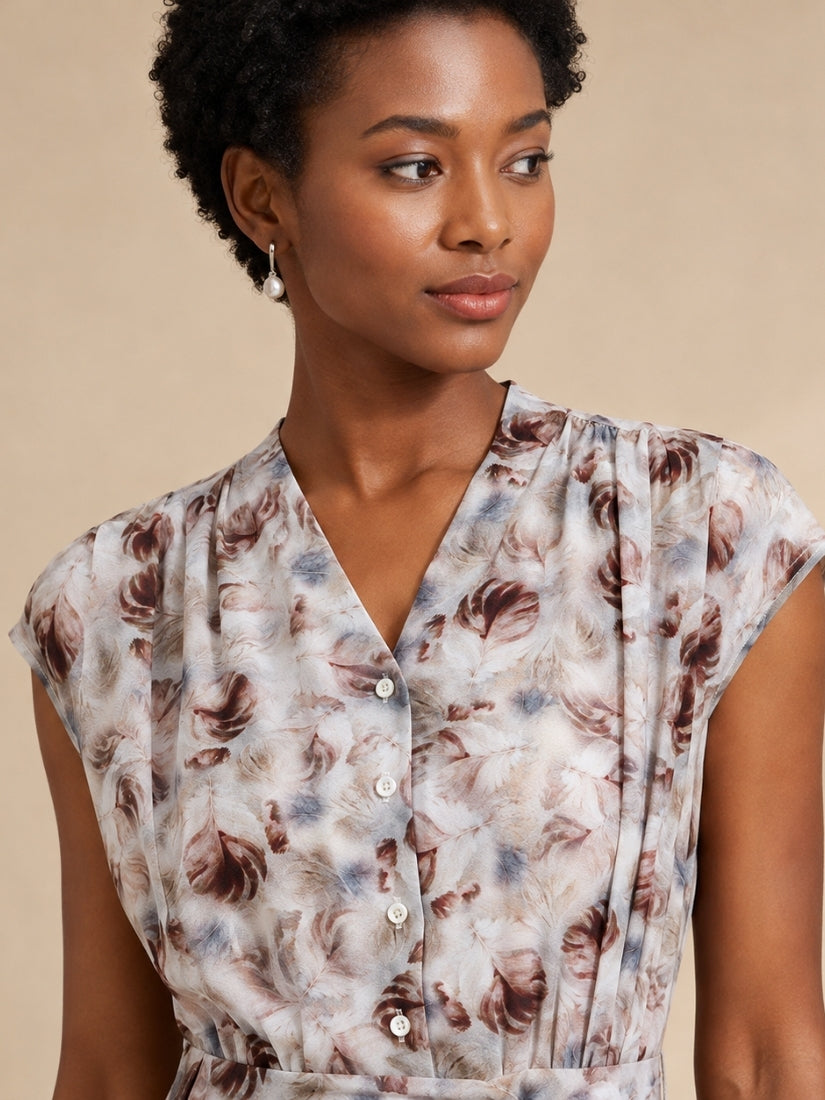 Marina - Rose Print Cap-Sleeve Silk Dress Floral Print | The Silk Avenue