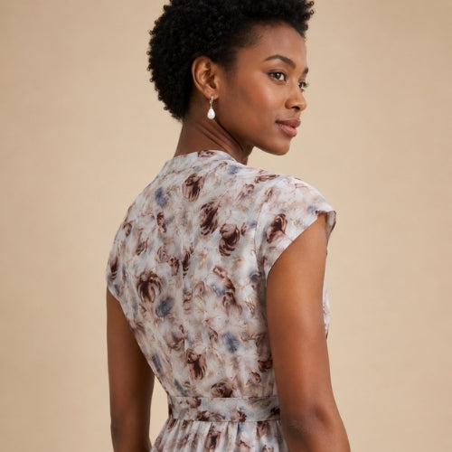 Marina - Rose Print Cap-Sleeve Silk Dress Floral Print | The Silk Avenue