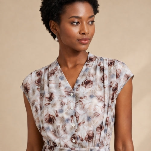 Marina - Rose Print Cap-Sleeve Silk Dress Floral Print | The Silk Avenue