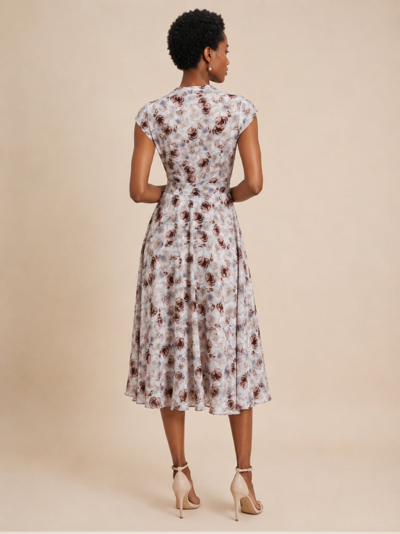 Marina - Rose Print Cap-Sleeve Silk Dress Floral Print | The Silk Avenue
