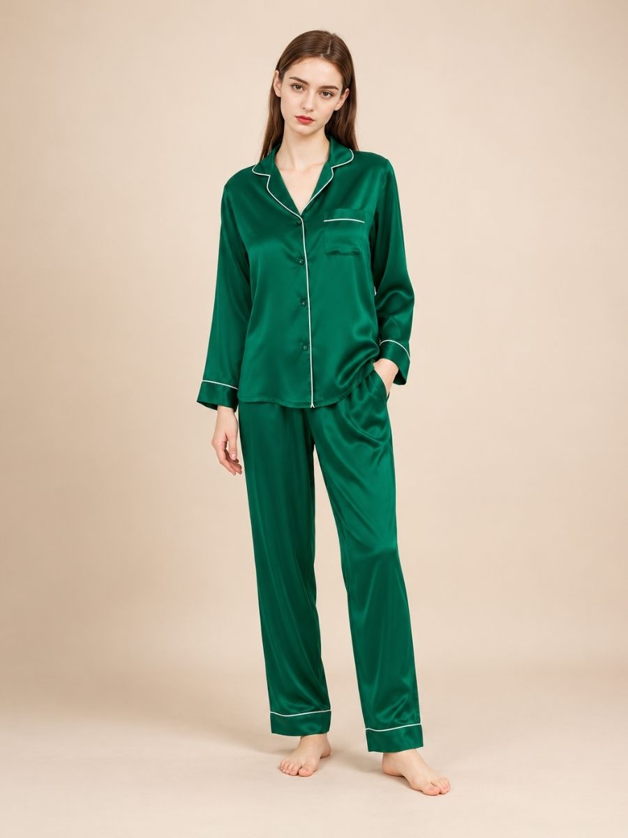 Miriane - Green Silk Pajama Set | The Silk Avenue