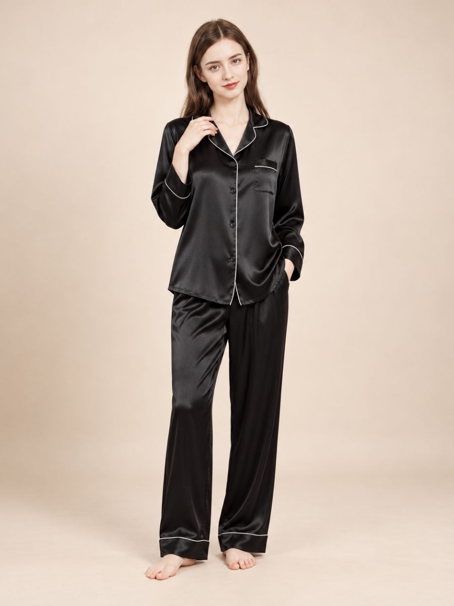Miriane - Black Silk Pajama Set | The Silk Avenue