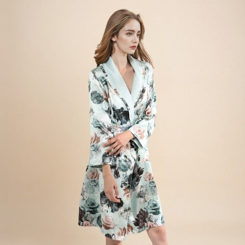 Myriana - Silk Botanical Print Lined Robe | The Silk Avenue