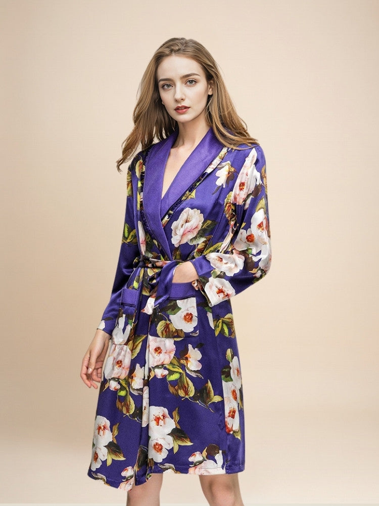 Myriana - Silk Botanical Print Lined Robe | The Silk Avenue