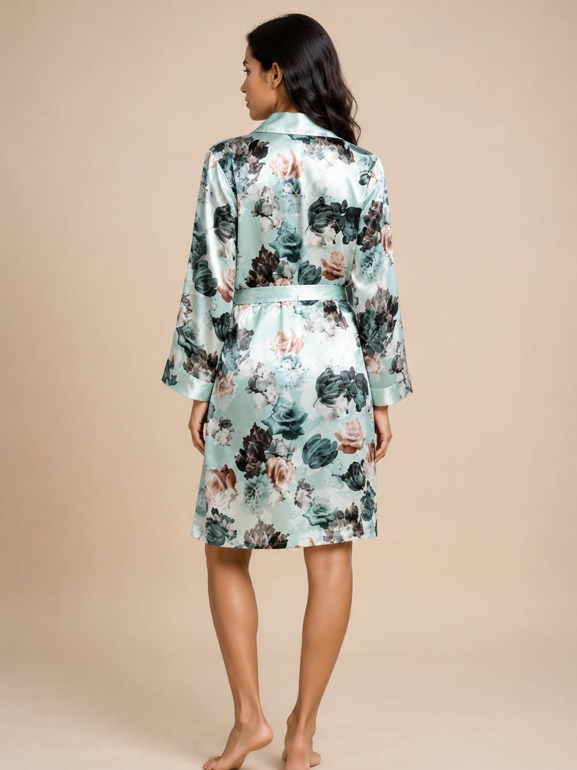 Myriana - Mint Green Silk Botanical Print Lined Robe | The Silk Avenue