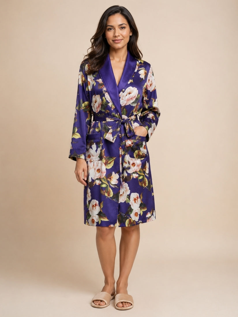 Myriana - Purple Silk Botanical Print Lined Robe | The Silk Avenue