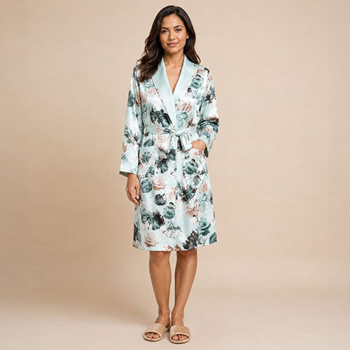 Myriana - Mint Green Silk Botanical Print Lined Robe | The Silk Avenue