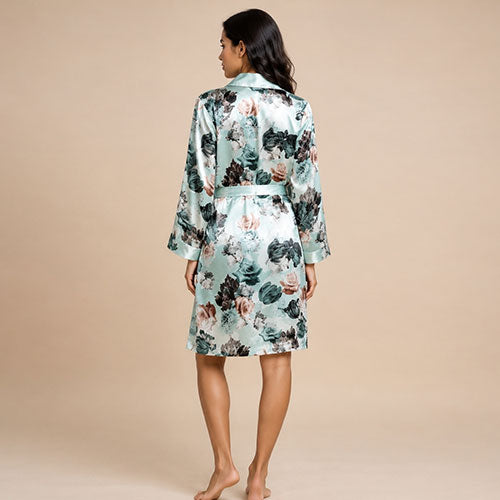 Myriana - Mint Green Silk Botanical Print Lined Robe | The Silk Avenue