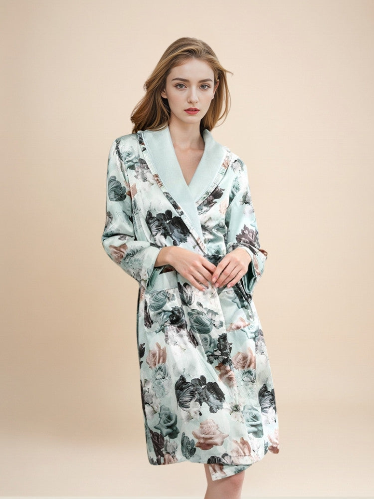 Myriana - Silk Botanical Print Lined Robe | The Silk Avenue