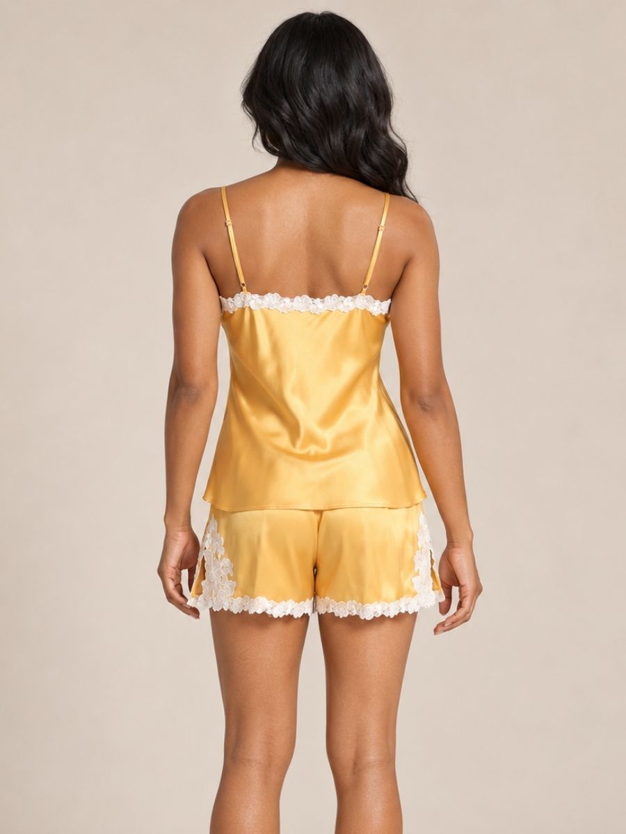 Naralisse - Yellow Lace-Trim Silk Camisole & Shorts Set | The Silk Avenue
