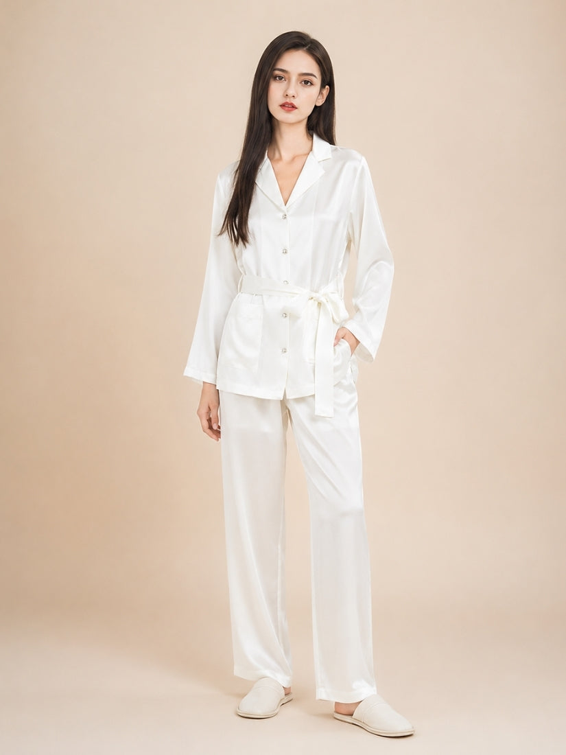 Nellie - White Diamond Button Silk Pajama Set | The Silk Avenue