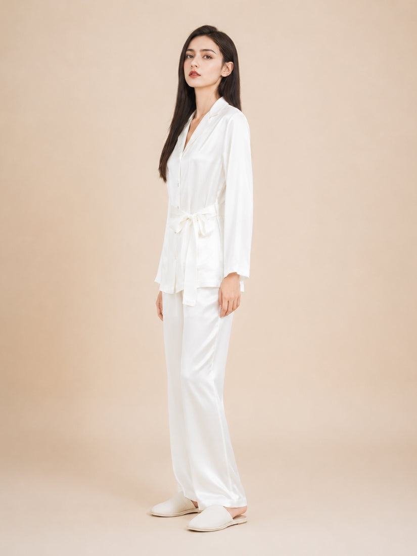 Nellie - White Diamond Button Silk Pajama Set | The Silk Avenue