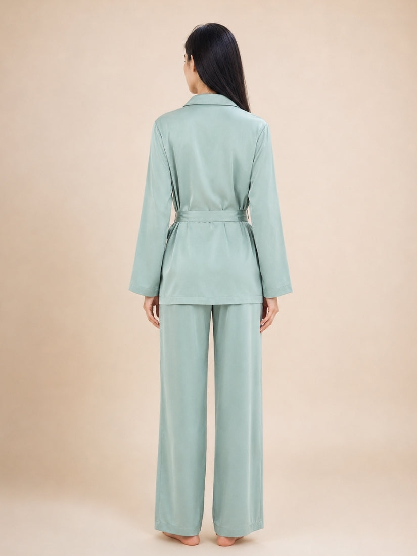 Nellie - Silver Blue Diamond Button Silk Pajama Set | The Silk Avenue