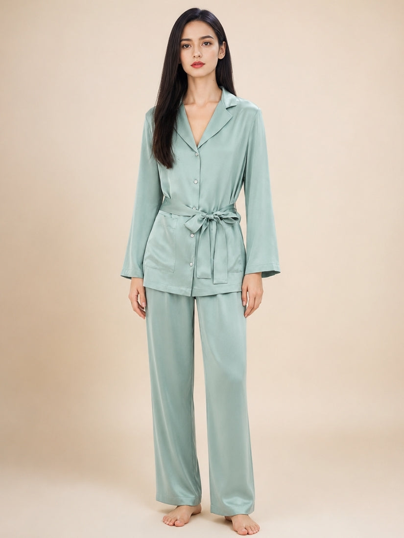 Nellie - Silver Blue Diamond Button Silk Pajama Set | The Silk Avenue