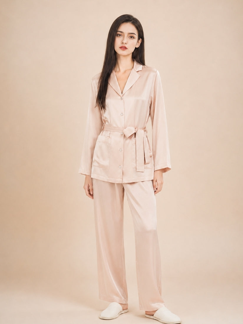 Nellie - Blush Pink Diamond Button Silk Pajama Set | The Silk Avenue