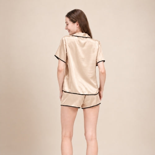 Neraliah Champagne Short Sleeve Piped Silk Pajama Set | The Silk Avenue 
