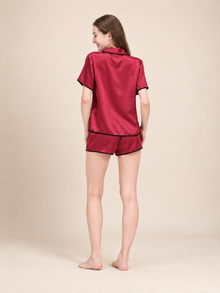 Neraliah Deep Red Short Sleeve Piped Silk Pajama Set | The Silk Avenue