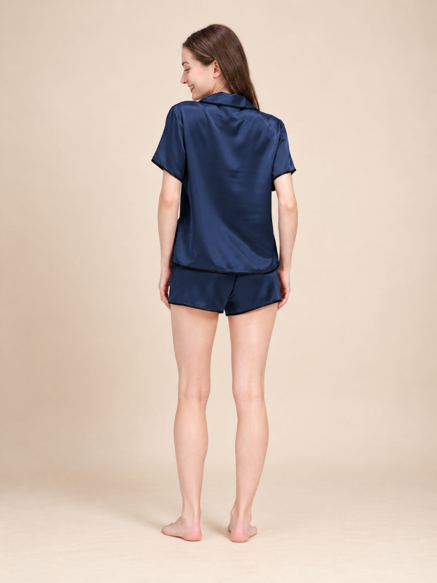 Neraliah Navy Short Sleeve Piped Silk Pajama Set | The Silk Avenue