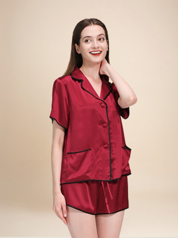 Neraliah Short Sleeve Piped Silk Pajama Set | The Silk Avenue