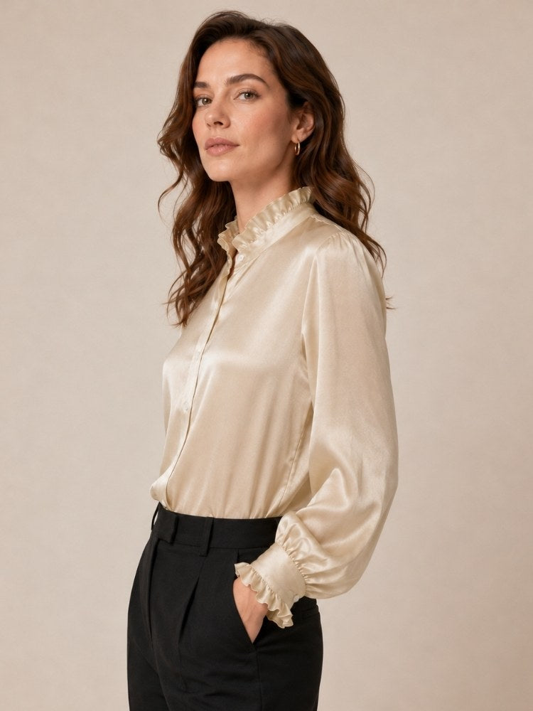 Nirelle - Champagne Ruffled Collar Silk Blouse | The Silk Avenue