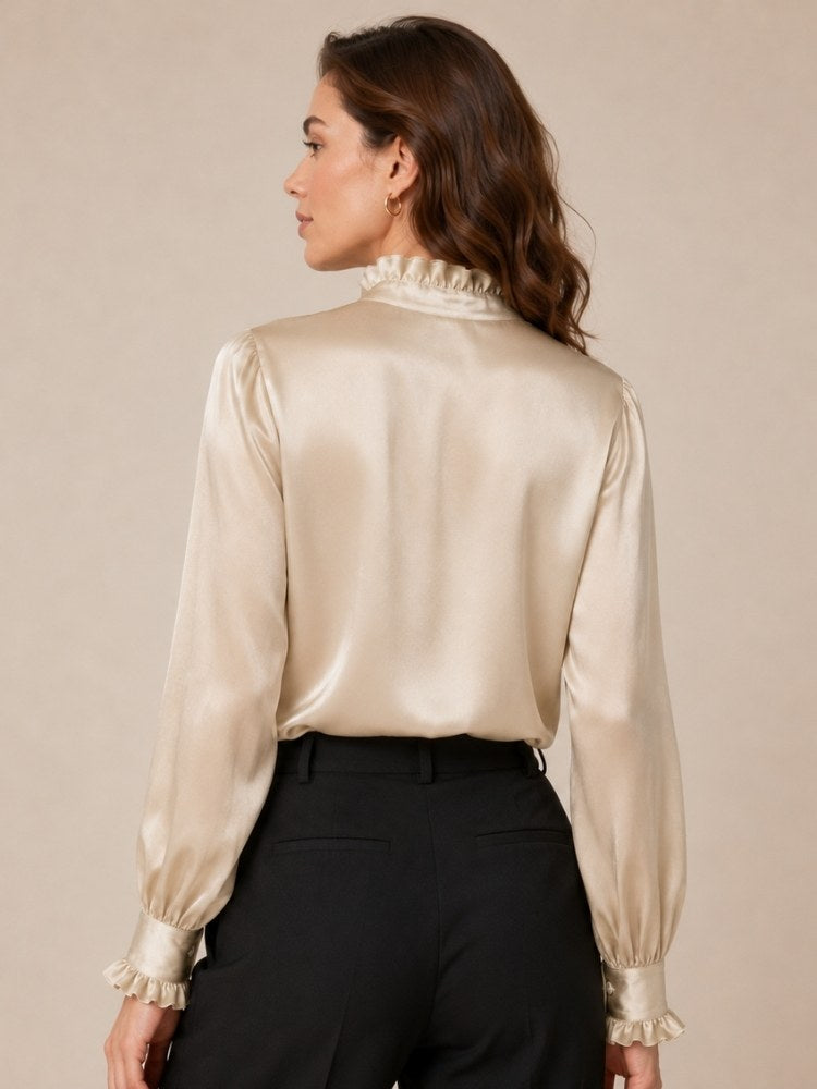 Nirelle - Champagne Ruffled Collar Silk Blouse | The Silk Avenue