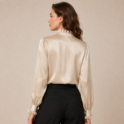 Nirelle - Champagne Ruffled Collar Silk Blouse | The Silk Avenue