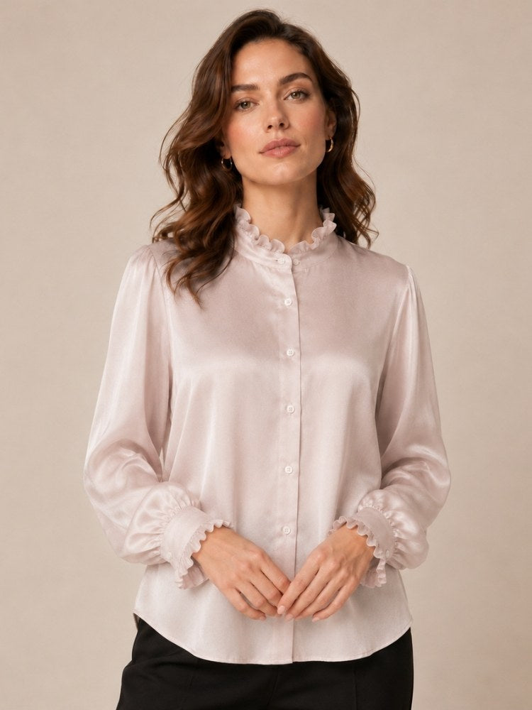 Nirelle - Blush Pink Ruffled Collar Silk Blouse | The Silk Avenue