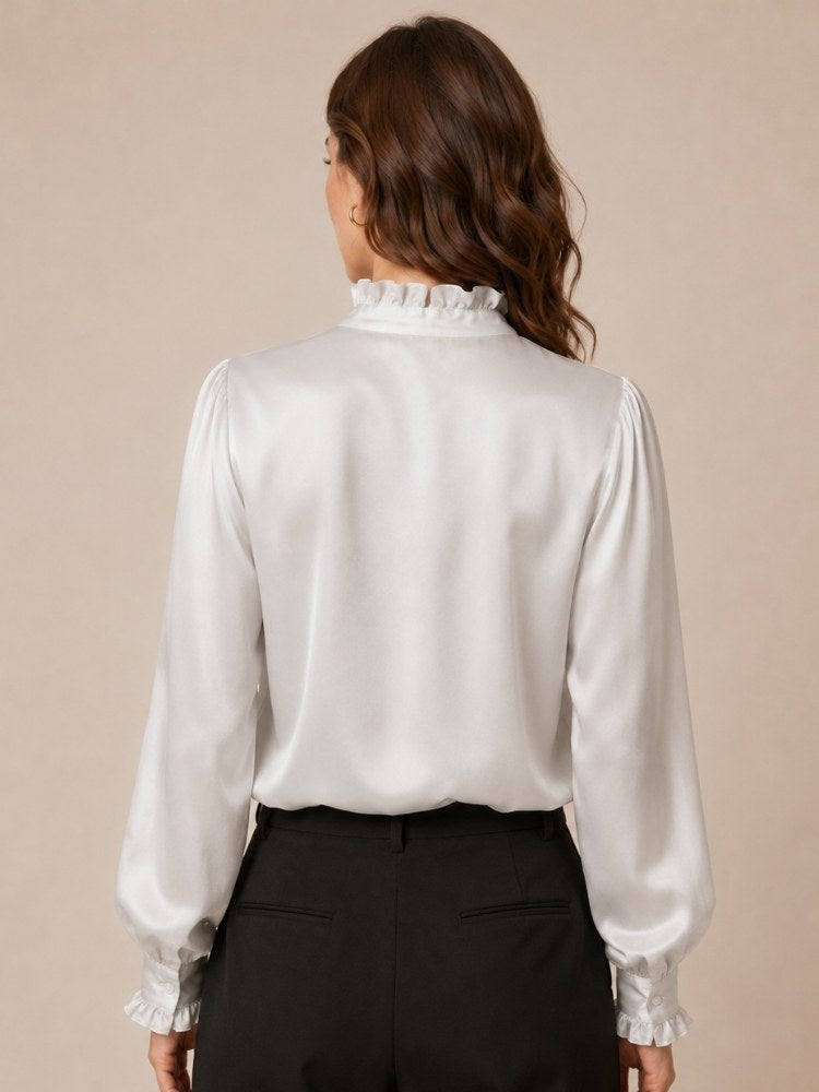 Nirelle - Silver Ruffled Collar Silk Blouse | The Silk Avenue