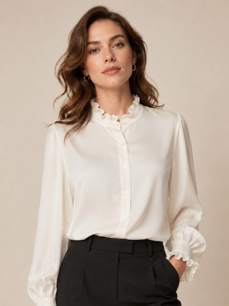 Nirelle - White Ruffled Collar Silk Blouse | The Silk Avenue