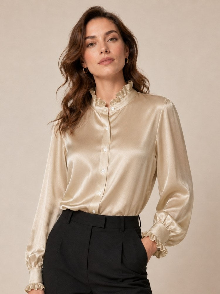 Nirelle - Champagne Ruffled Collar Silk Blouse | The Silk Avenue