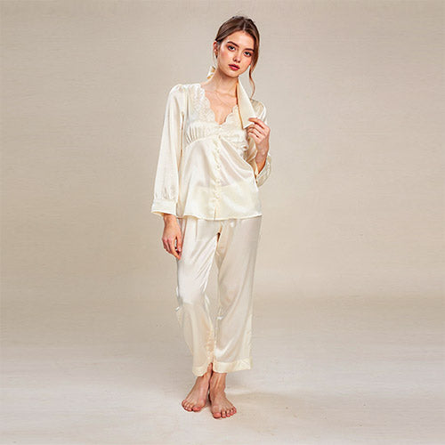 Novessa Long Sleeve Lace Silk Pajama Set | The Silk Avenue