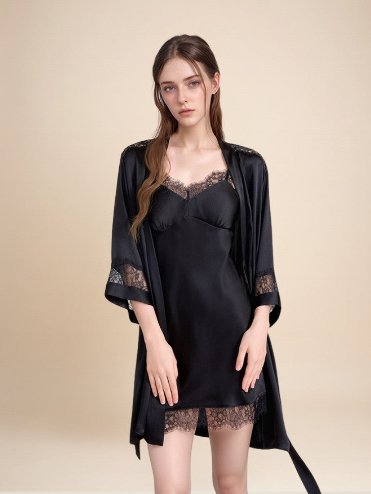 Olavine - Lace-Trim Silk Robe Set | The Silk Avenue
