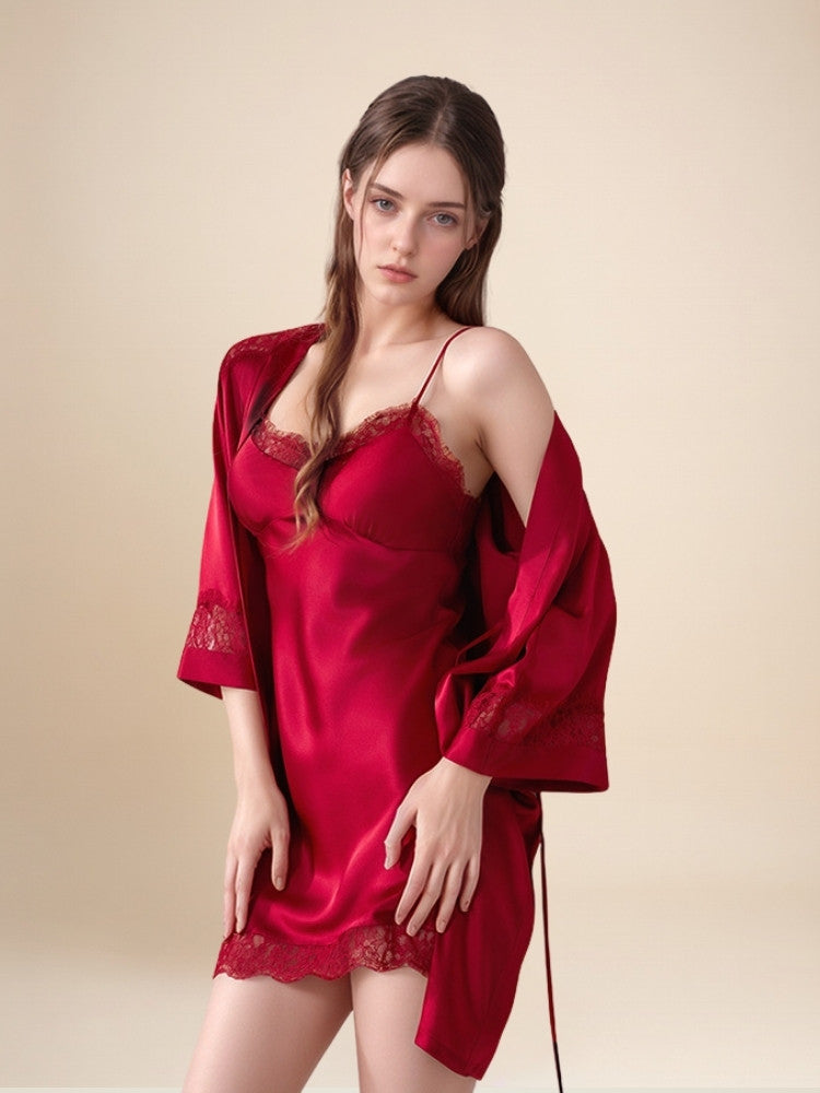 Olavine - Lace-Trim Silk Robe Set | The Silk Avenue