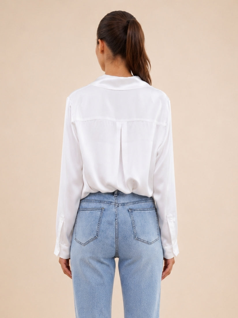 Olivia - White Double Pocket Silk Blouse | The Silk Avenue