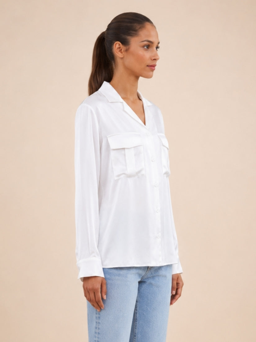 Olivia - White Double Pocket Silk Blouse | The Silk Avenue
